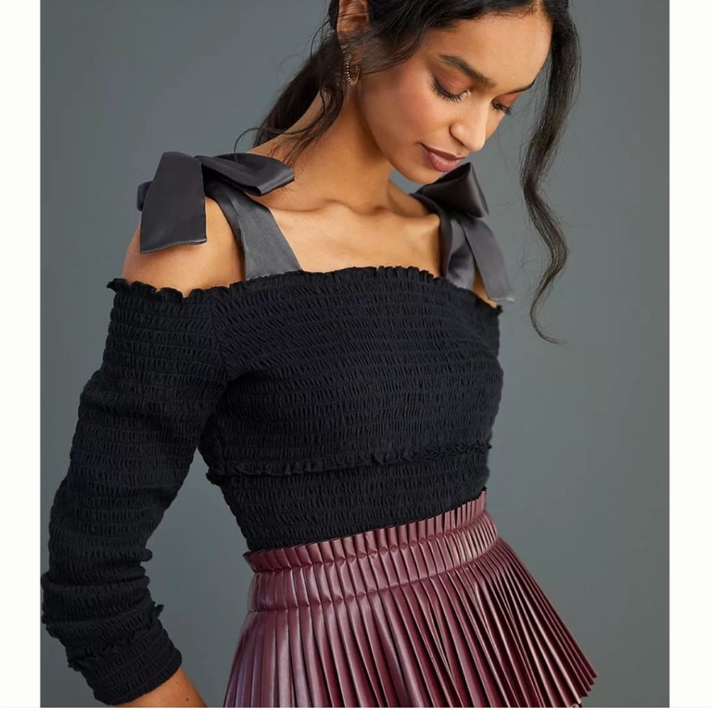 Anthropologie Smocked off the shoulder satin bow top